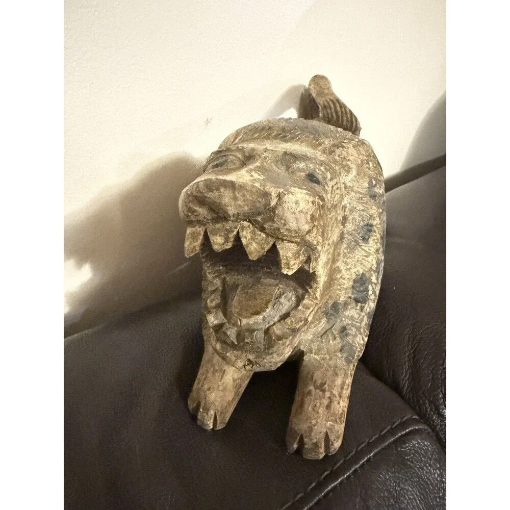Vintage Jamaican Signed Wood Carving Lion of Judah Folk Art  Hand Carved 11in